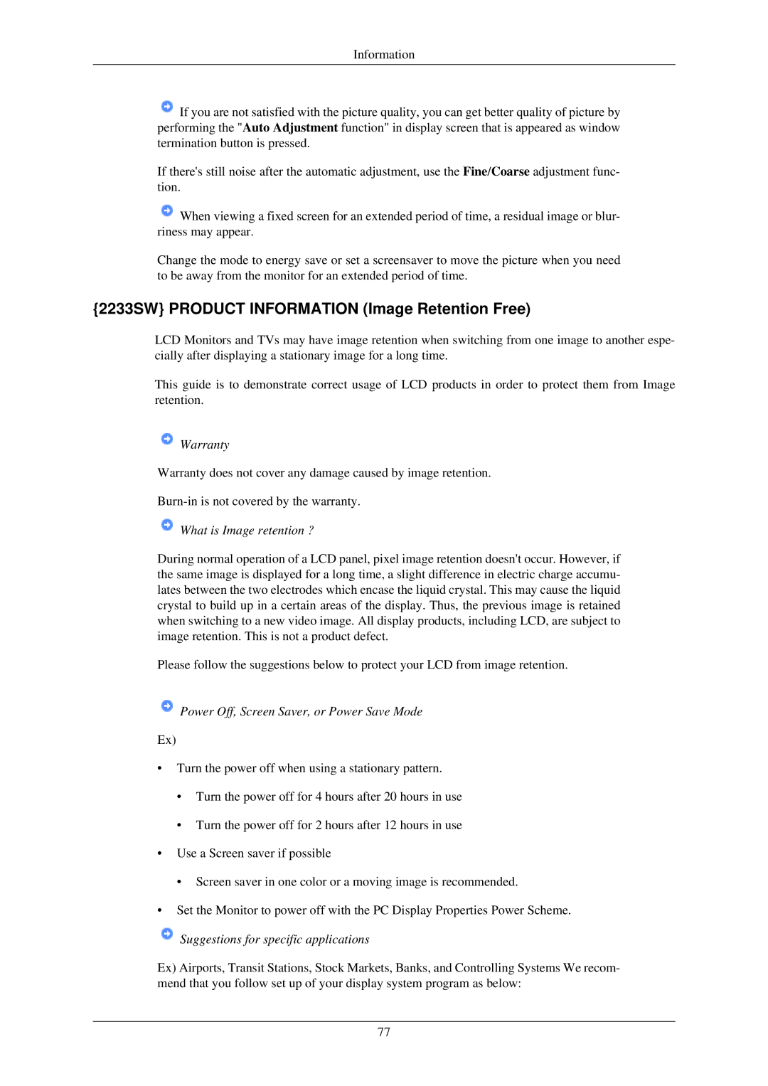 Samsung LS20CMZKFNASEN manual 2233SW Product Information Image Retention Free, Suggestions for specific applications 