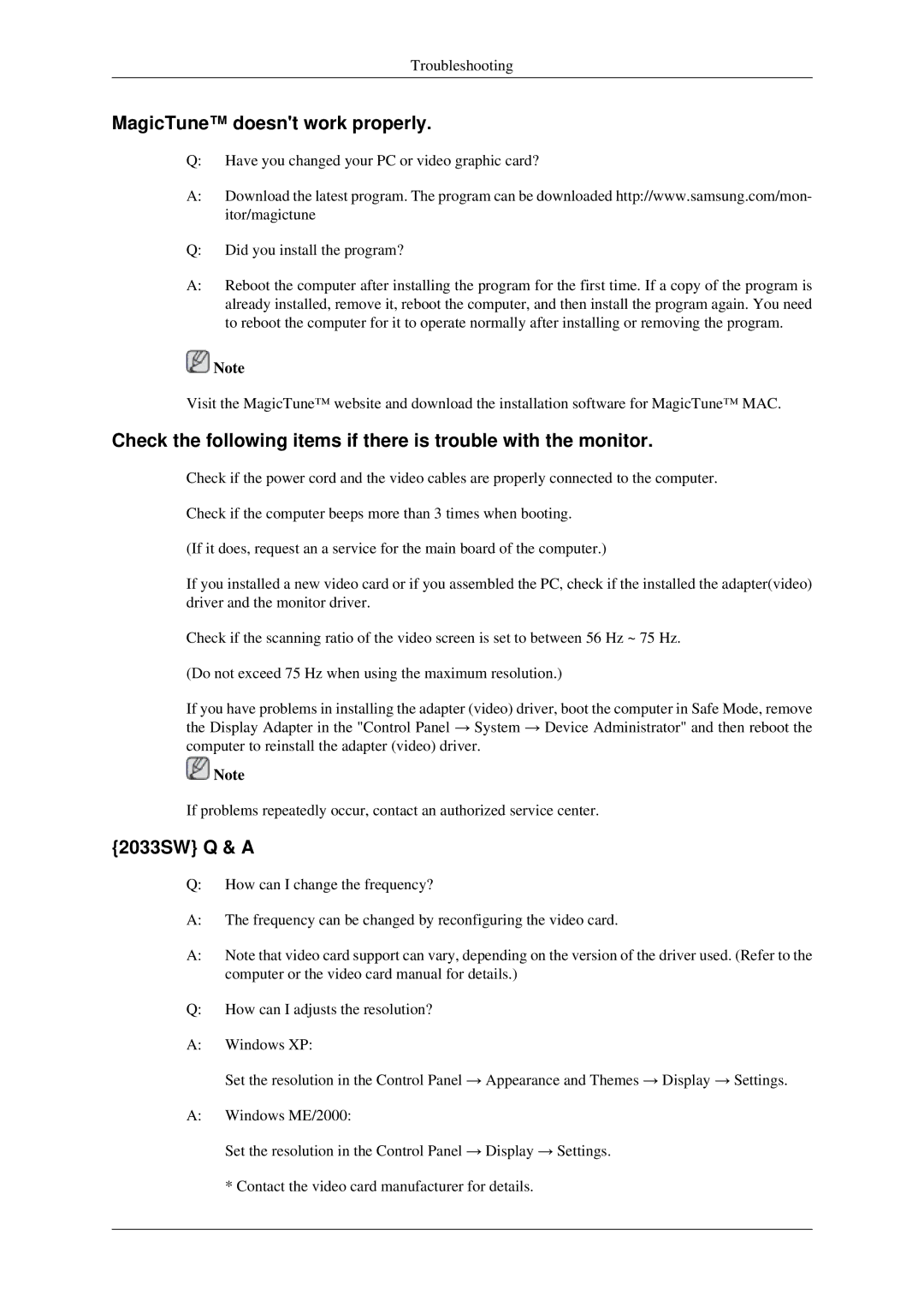 Samsung LS22CMZKFV/ZA, LS20CMZKFV/XJ, LS22CMZKFV/XJ, LS20CMZKFVA/EN manual MagicTune doesnt work properly, 2033SW Q & a 