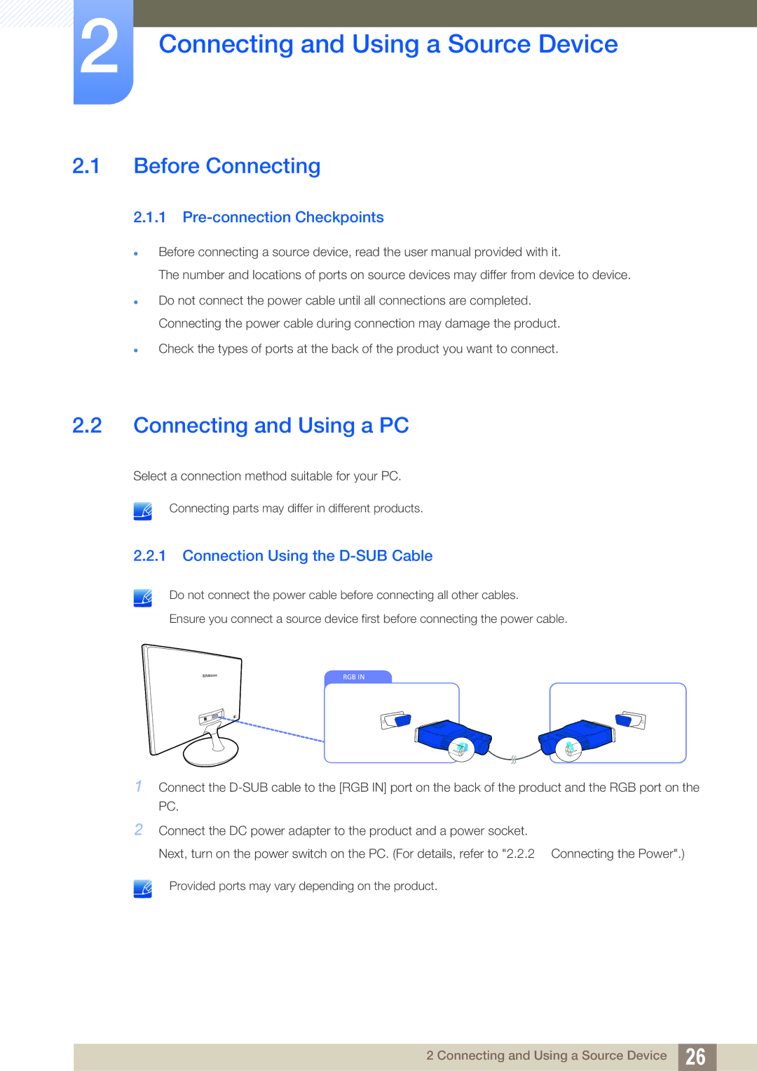 Samsung LS20D300NHMXV, LS20D300NH/CI Connecting and Using a Source Device, Before Connecting, Connecting and Using a PC 