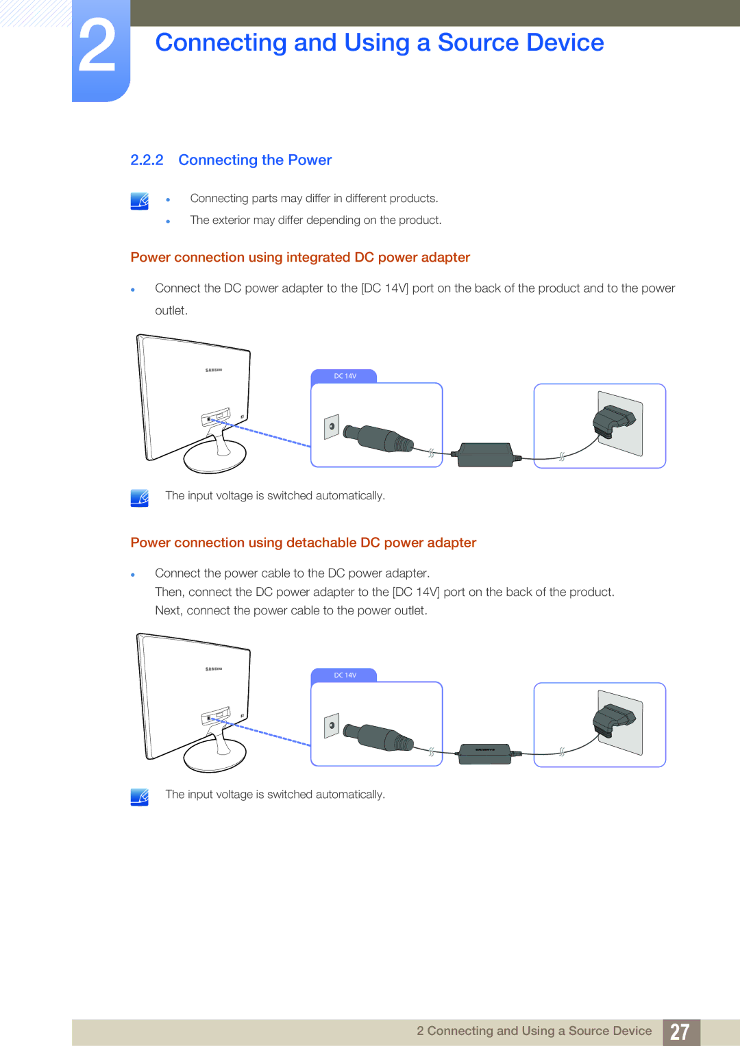 Samsung LS20D300NH/CI, LS20D300NHMXV manual Connecting the Power, Power connection using integrated DC power adapter 