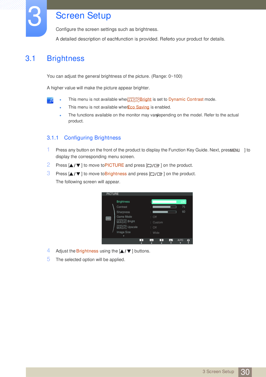 Samsung LS20D300NHMXV, LS20D300NH/CI manual Screen Setup, Configuring Brightness 