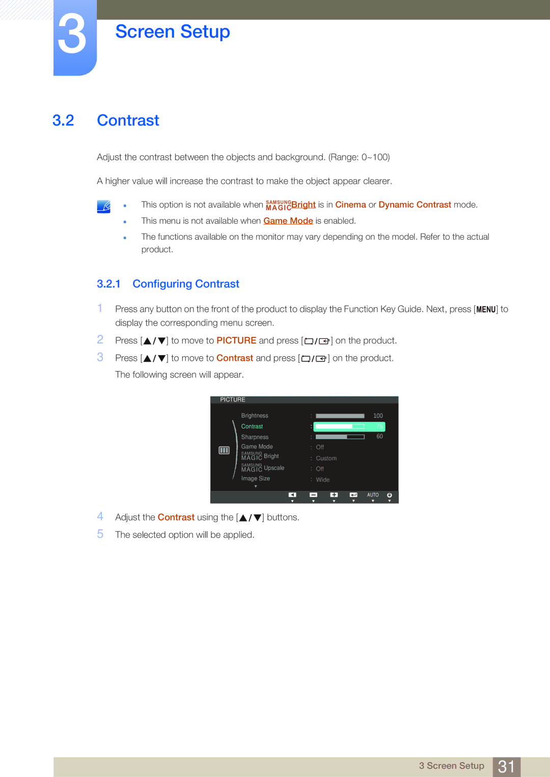 Samsung LS20D300NH/CI, LS20D300NHMXV manual Configuring Contrast 