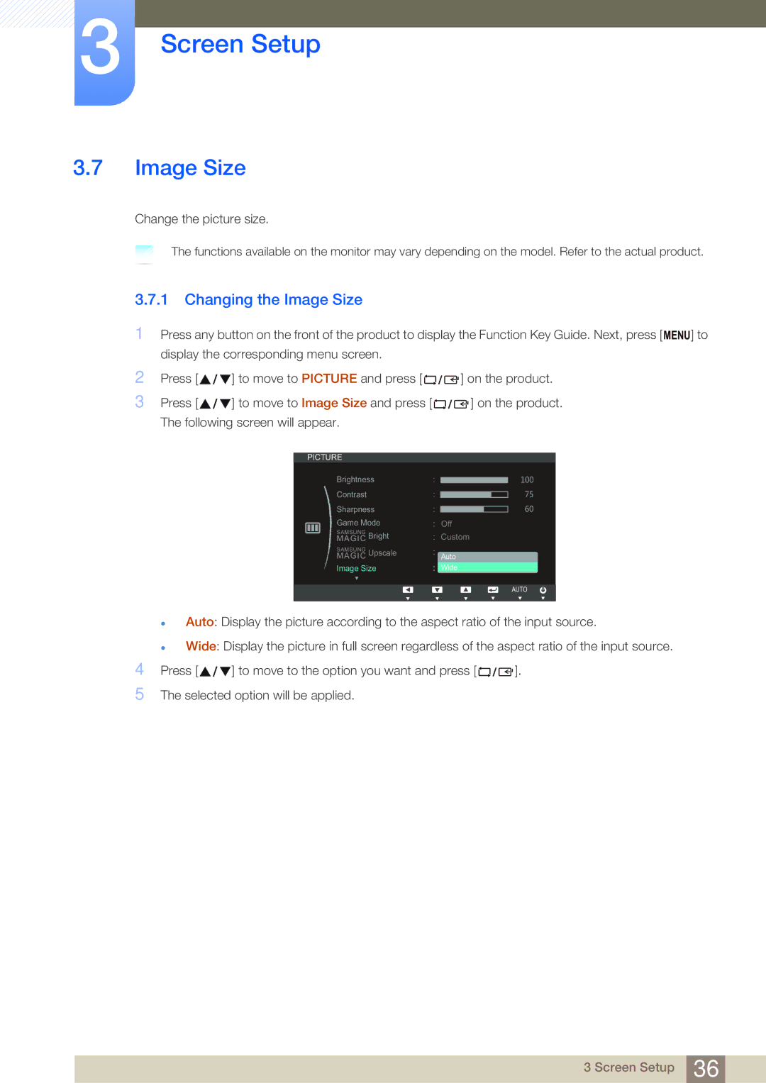 Samsung LS20D300NHMXV, LS20D300NH/CI manual Changing the Image Size 