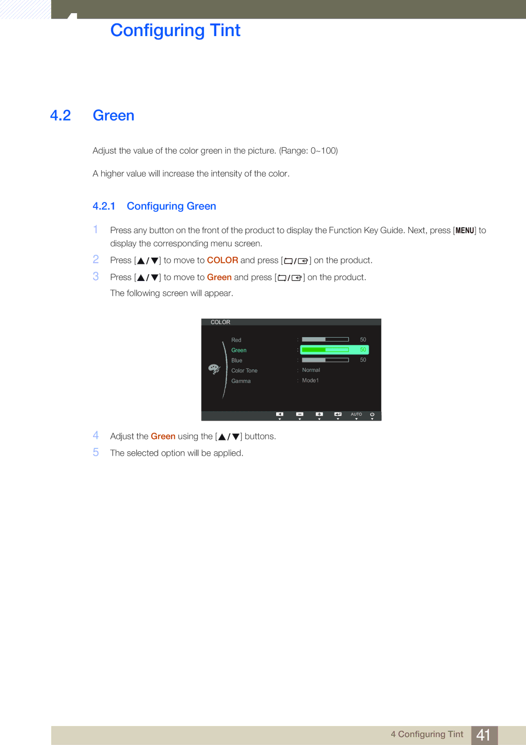 Samsung LS20D300NH/CI, LS20D300NHMXV manual Configuring Green 