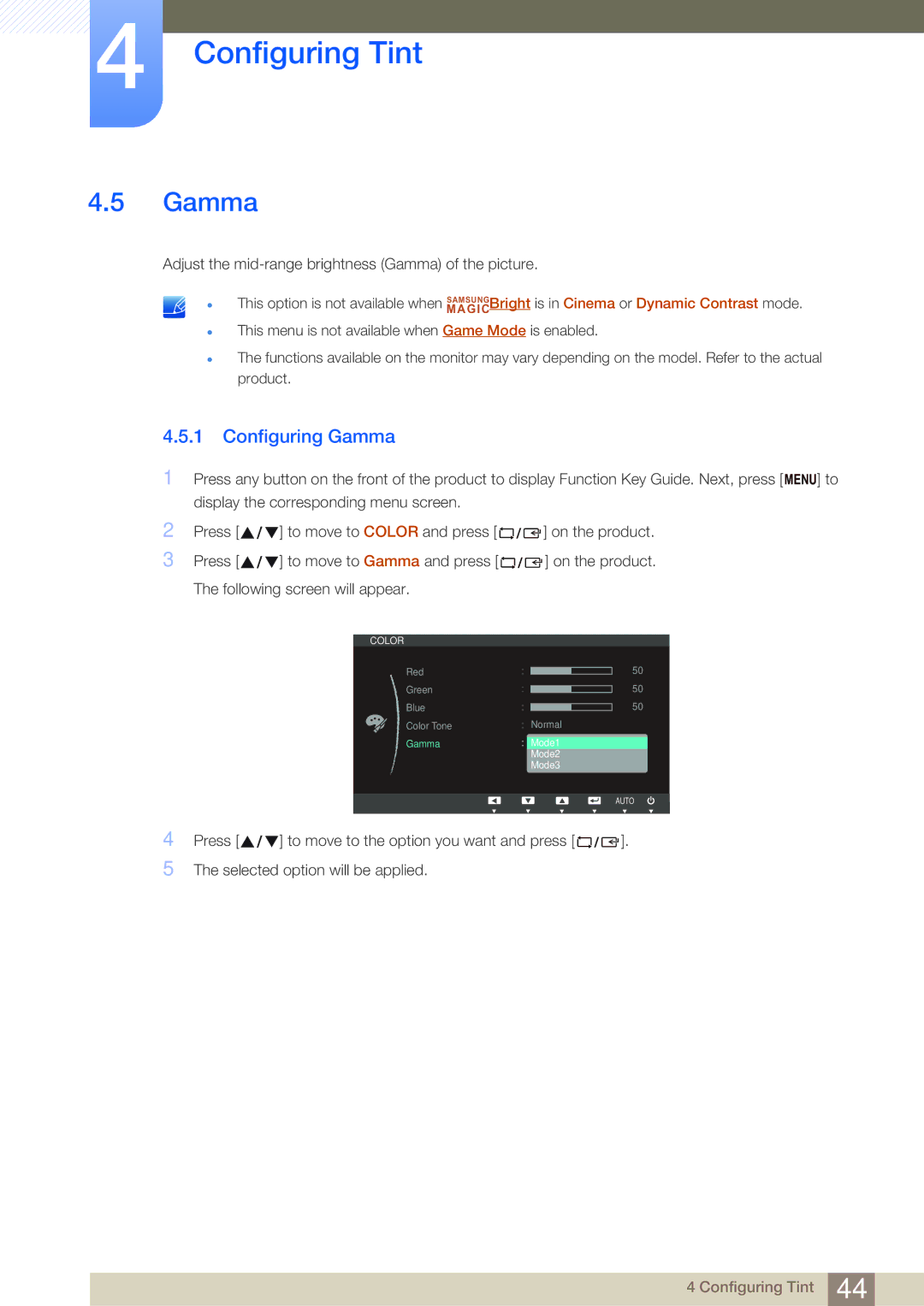 Samsung LS20D300NHMXV, LS20D300NH/CI manual Configuring Gamma 