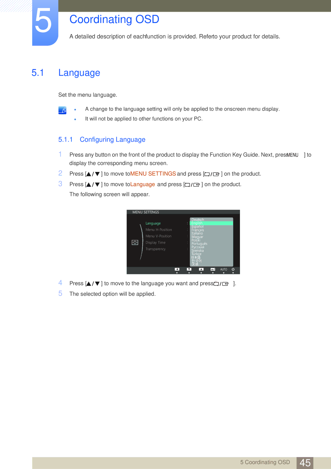 Samsung LS20D300NH/CI, LS20D300NHMXV manual Coordinating OSD, Configuring Language 