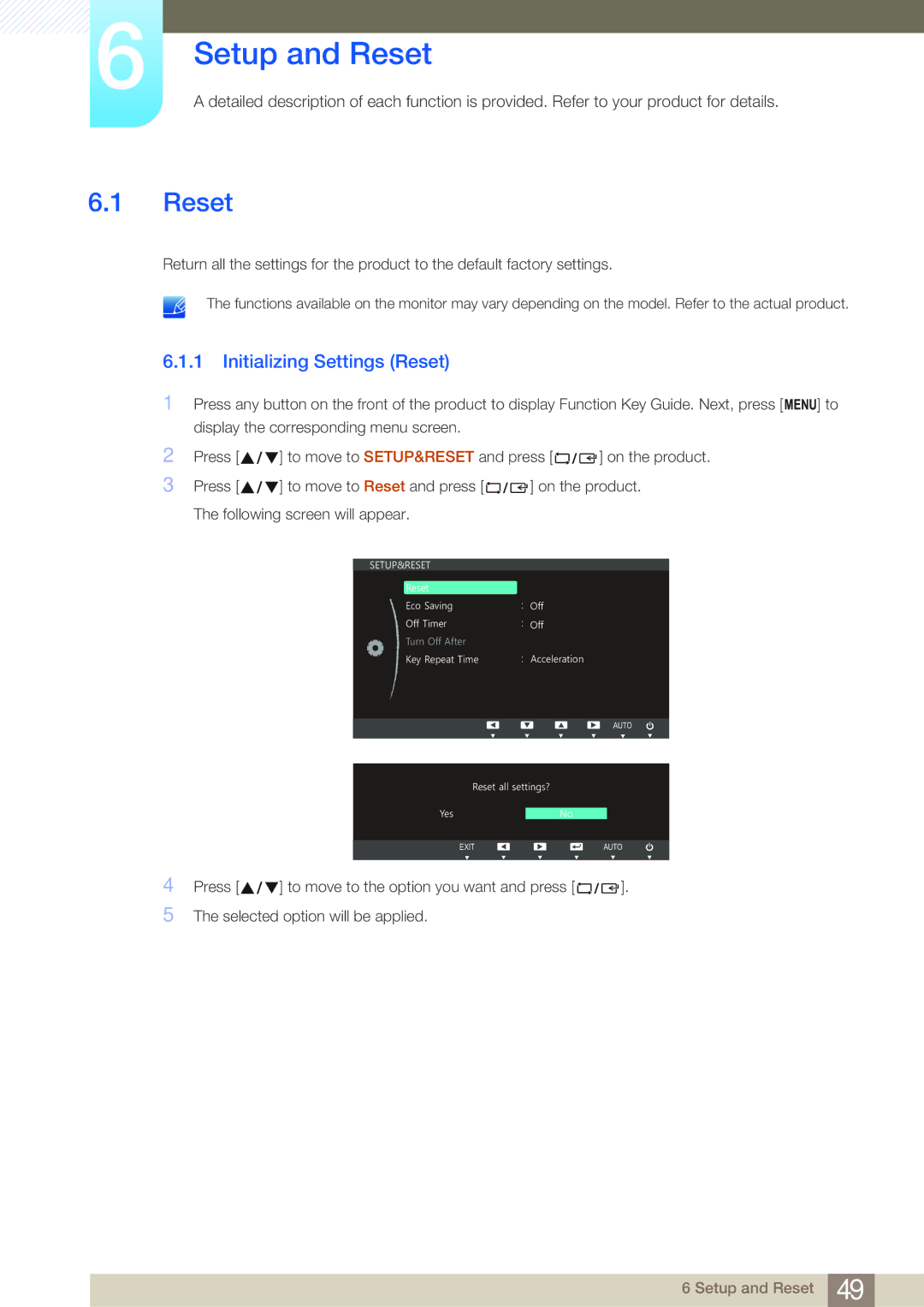 Samsung LS20D300NH/CI, LS20D300NHMXV manual Setup and Reset, Initializing Settings Reset 