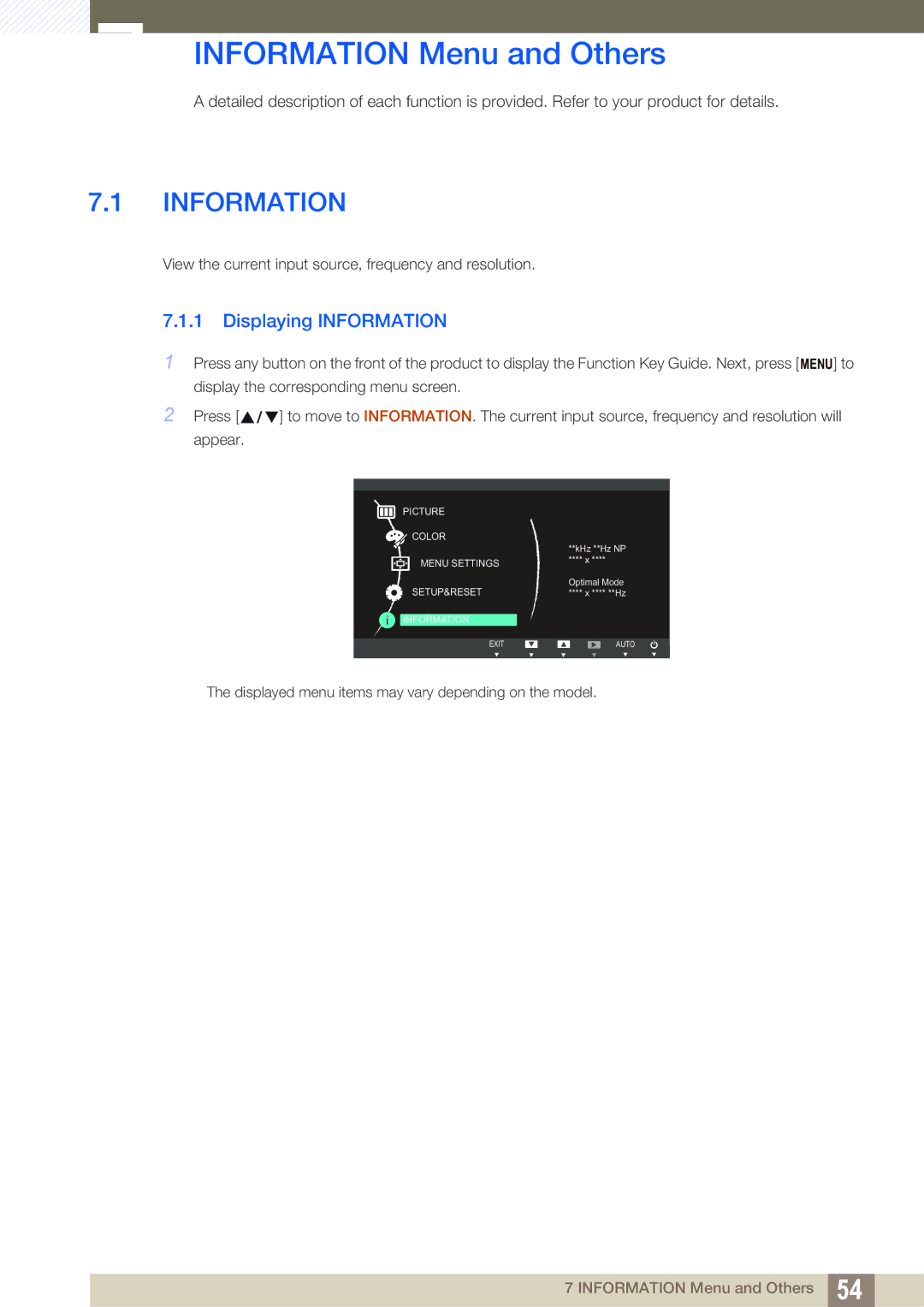 Samsung LS20D300NHMXV, LS20D300NH/CI manual Information Menu and Others, Displaying Information 