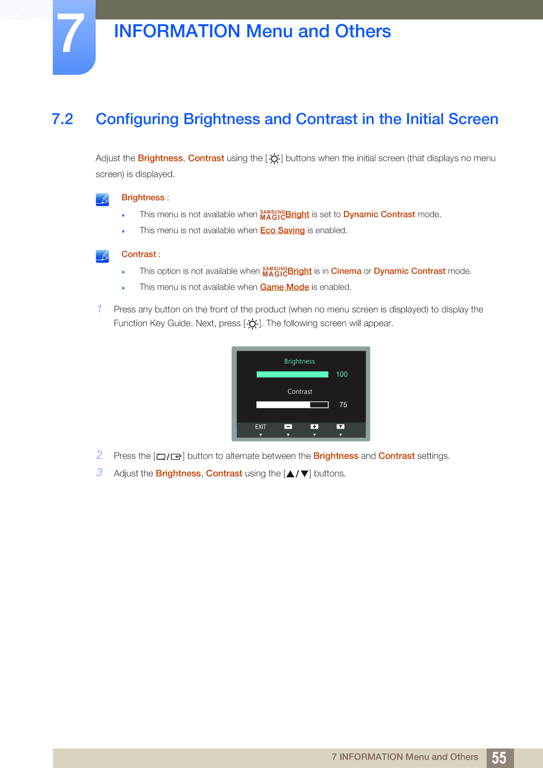 Samsung LS20D300NH/CI, LS20D300NHMXV manual Configuring Brightness and Contrast in the Initial Screen 