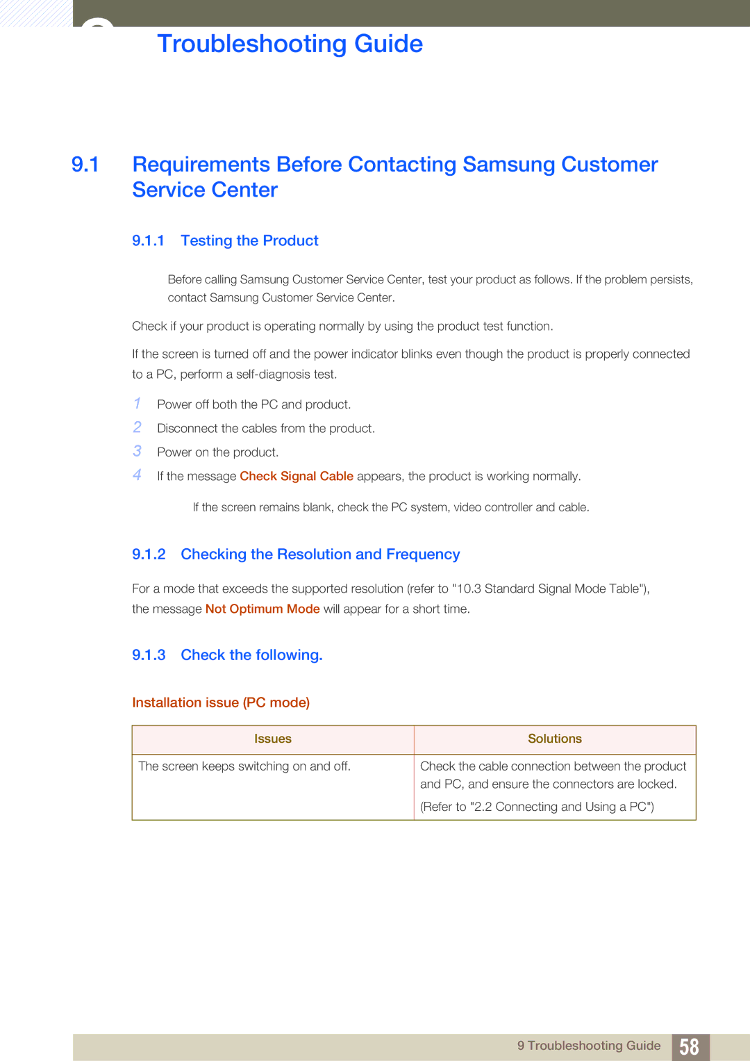 Samsung LS20D300NHMXV, LS20D300NH/CI Troubleshooting Guide, Testing the Product, Checking the Resolution and Frequency 