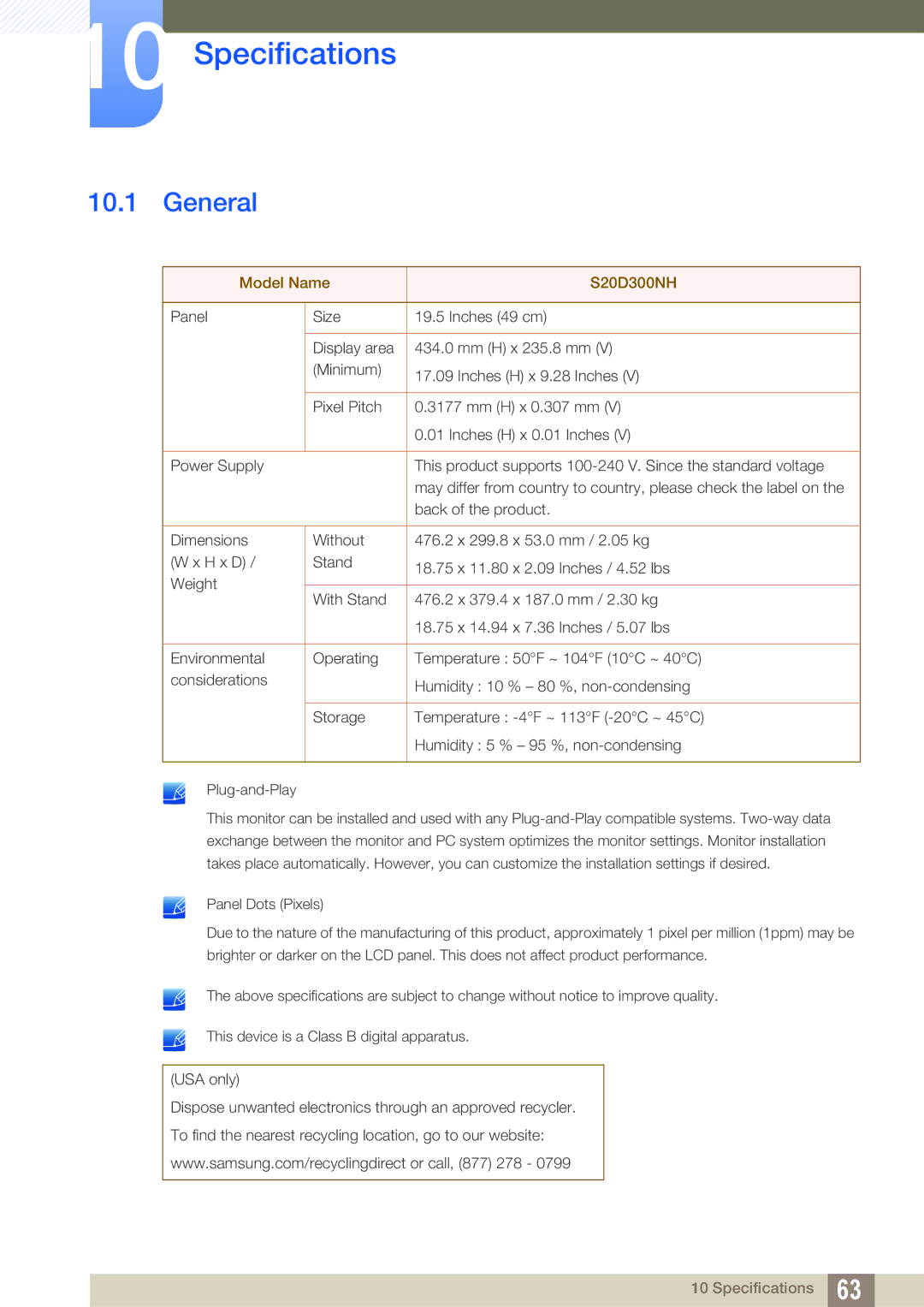 Samsung LS20D300NH/CI, LS20D300NHMXV manual Specifications, General 