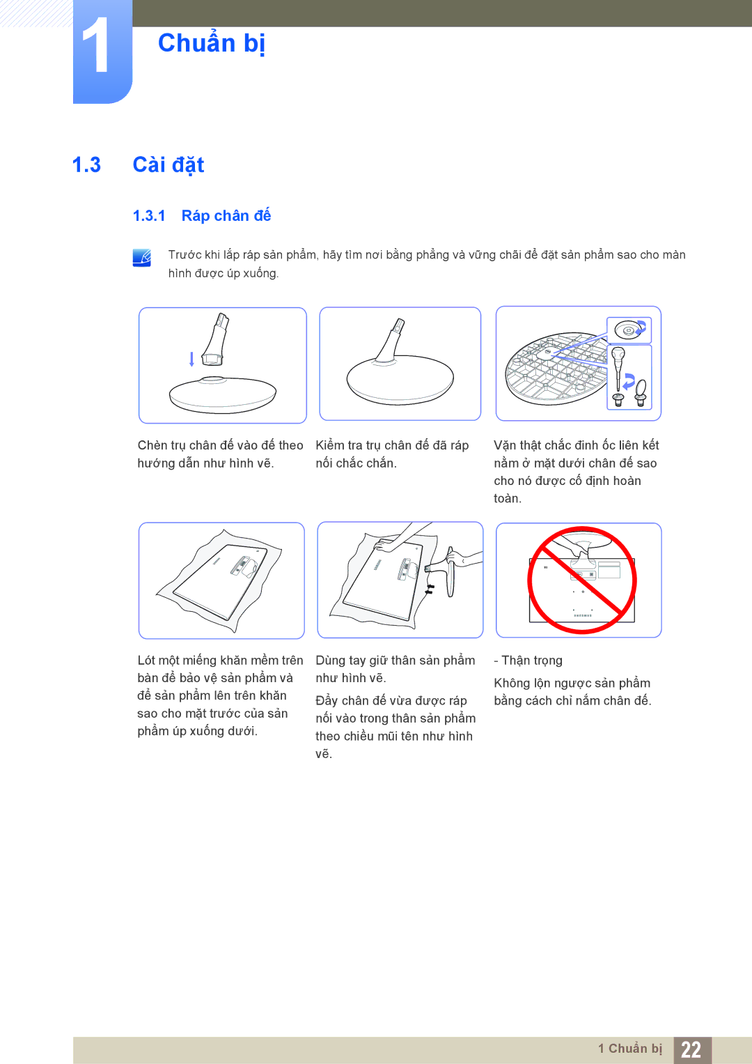 Samsung LS20D300NHMXV manual Cài đặt, 1 Ráp chân đế 