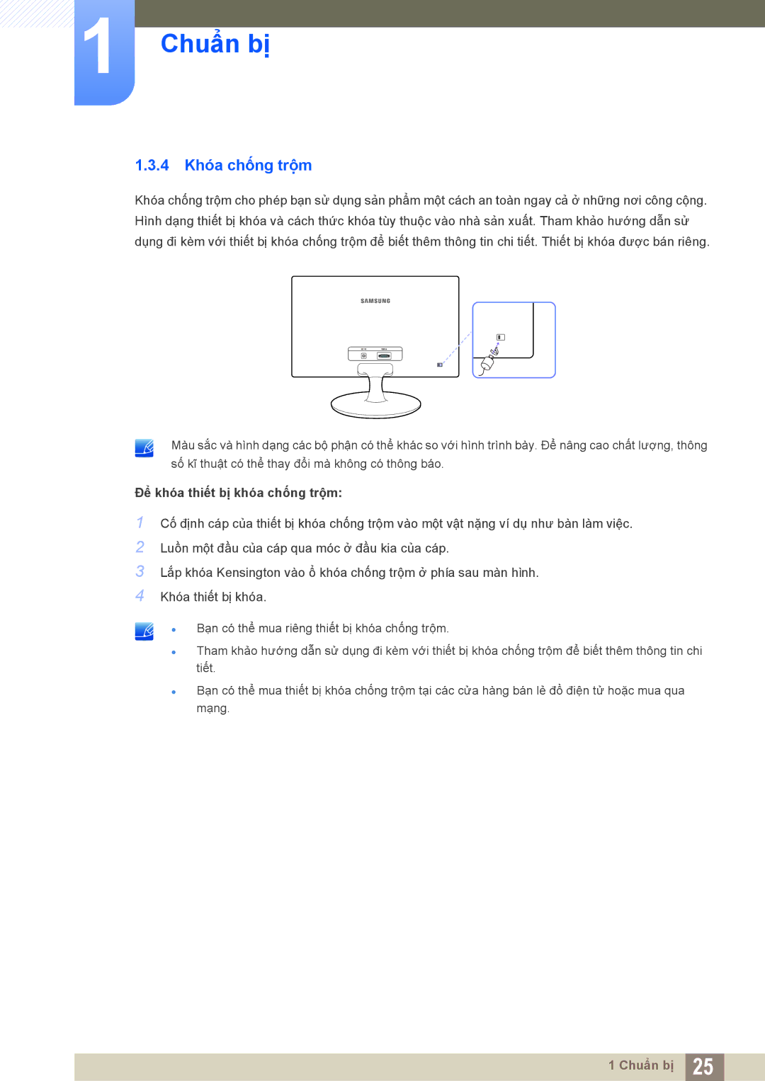 Samsung LS20D300NHMXV manual 4 Khóa chống trộm, Để khóa thiết bị khóa chống trộm 