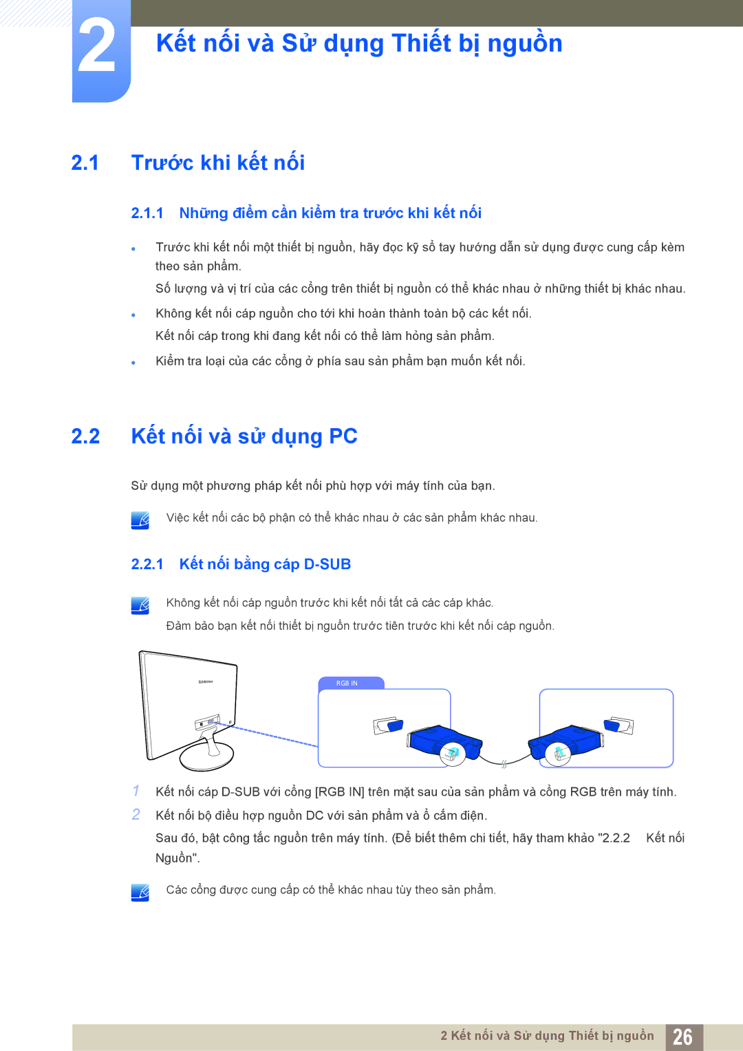 Samsung LS20D300NHMXV manual Kết nối và Sử dụng Thiết bị nguồn, Trước khi kết nối, Kết nối và sử dụng PC 