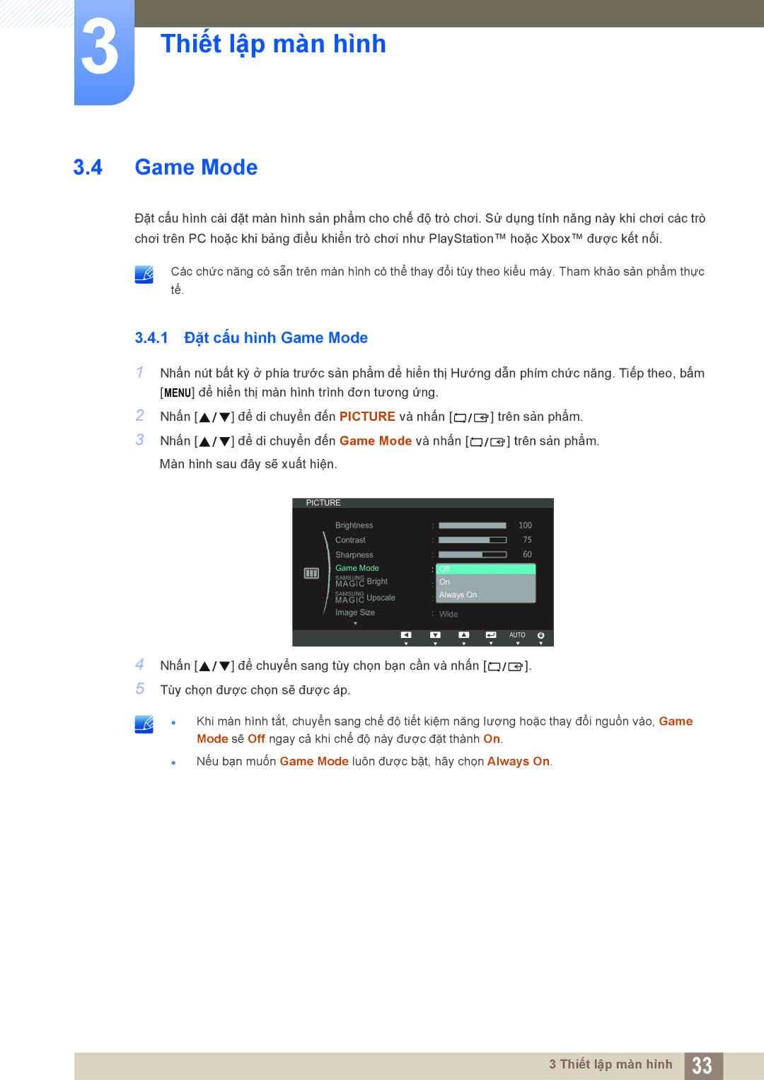 Samsung LS20D300NHMXV manual 1 Đặt cấu hình Game Mode 