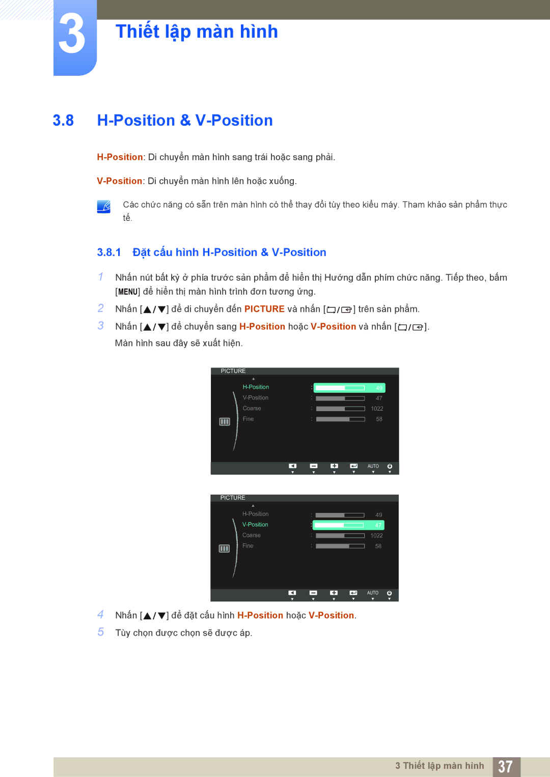 Samsung LS20D300NHMXV manual 1 Đặt cấu hình H-Position & V-Position 