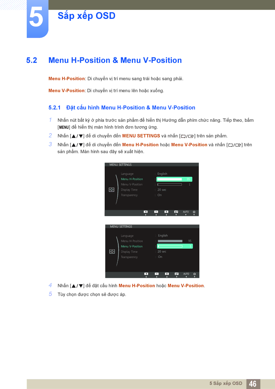 Samsung LS20D300NHMXV manual 1 Đặt cấu hình Menu H-Position & Menu V-Position 