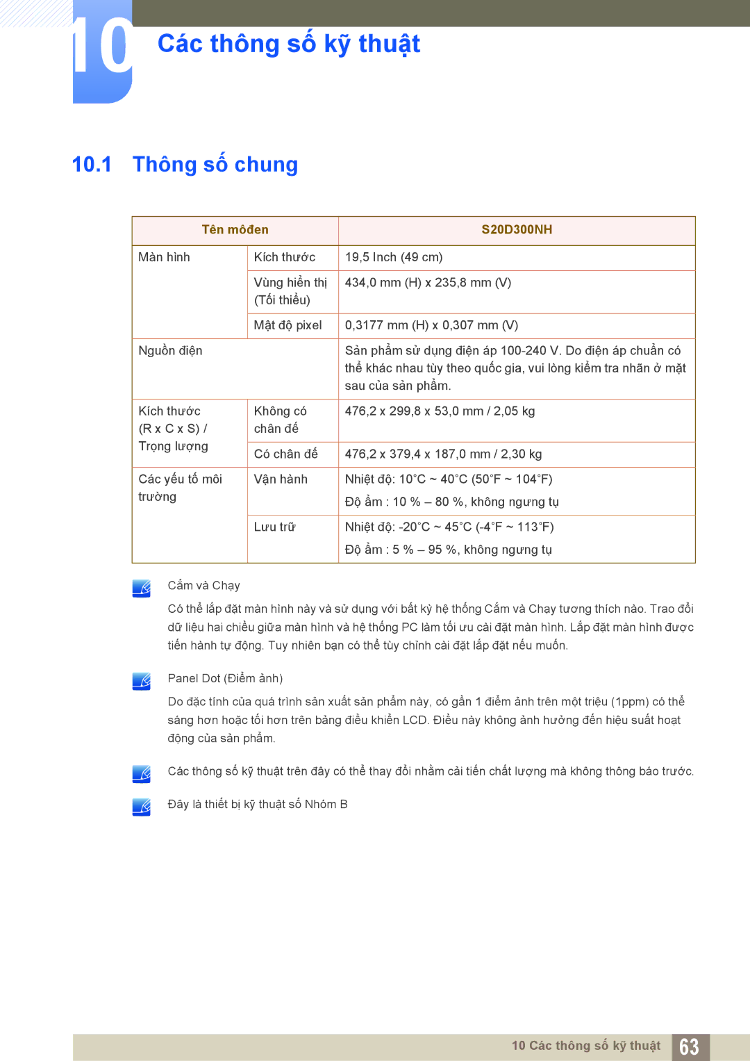 Samsung LS20D300NHMXV manual 10 Các thông số kỹ thuật, 10.1 Thông số chung 