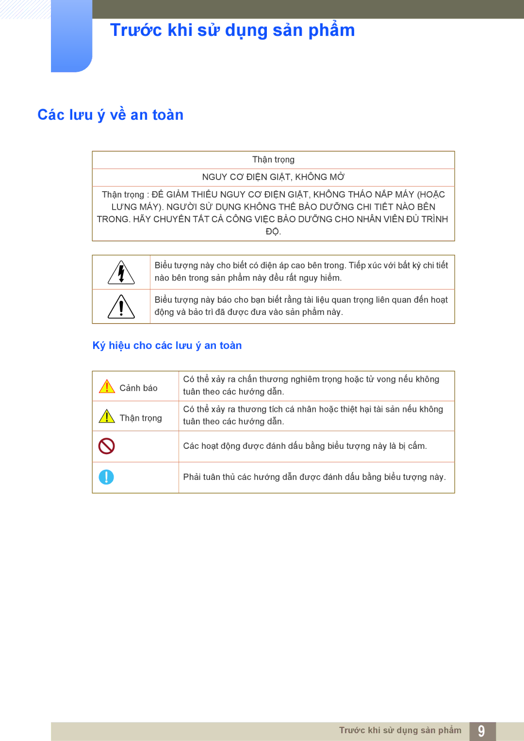 Samsung LS20D300NHMXV manual Các lưu ý về an toàn, Ký hiệu cho các lưu ý an toàn 