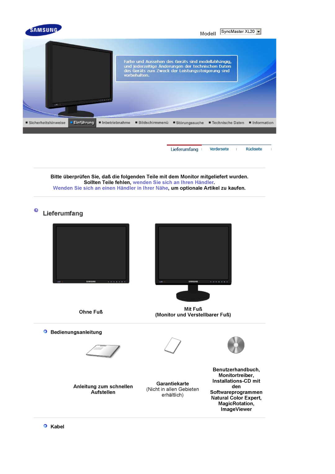 Samsung LS20EDBEB/EDC, LS20EDXEB/EDC manual Lieferumfang 