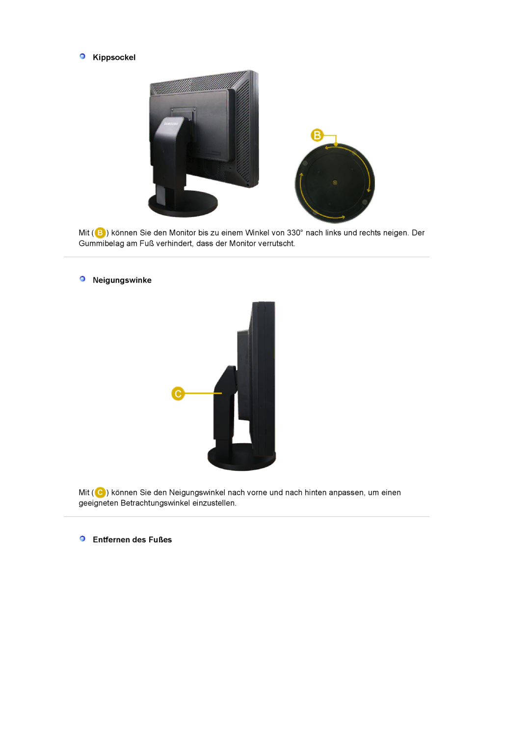 Samsung LS20EDBEB/EDC, LS20EDXEB/EDC manual Kippsockel, Neigungswinke, Entfernen des Fußes 