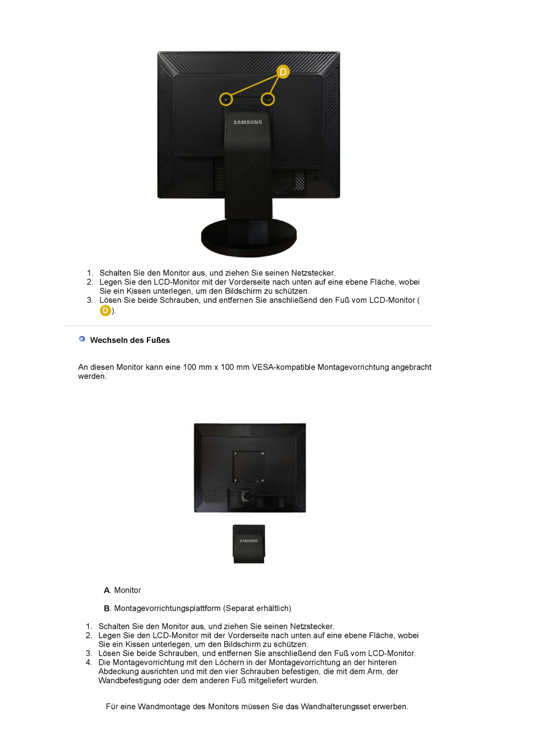 Samsung LS20EDXEB/EDC, LS20EDBEB/EDC manual Wechseln des Fußes 