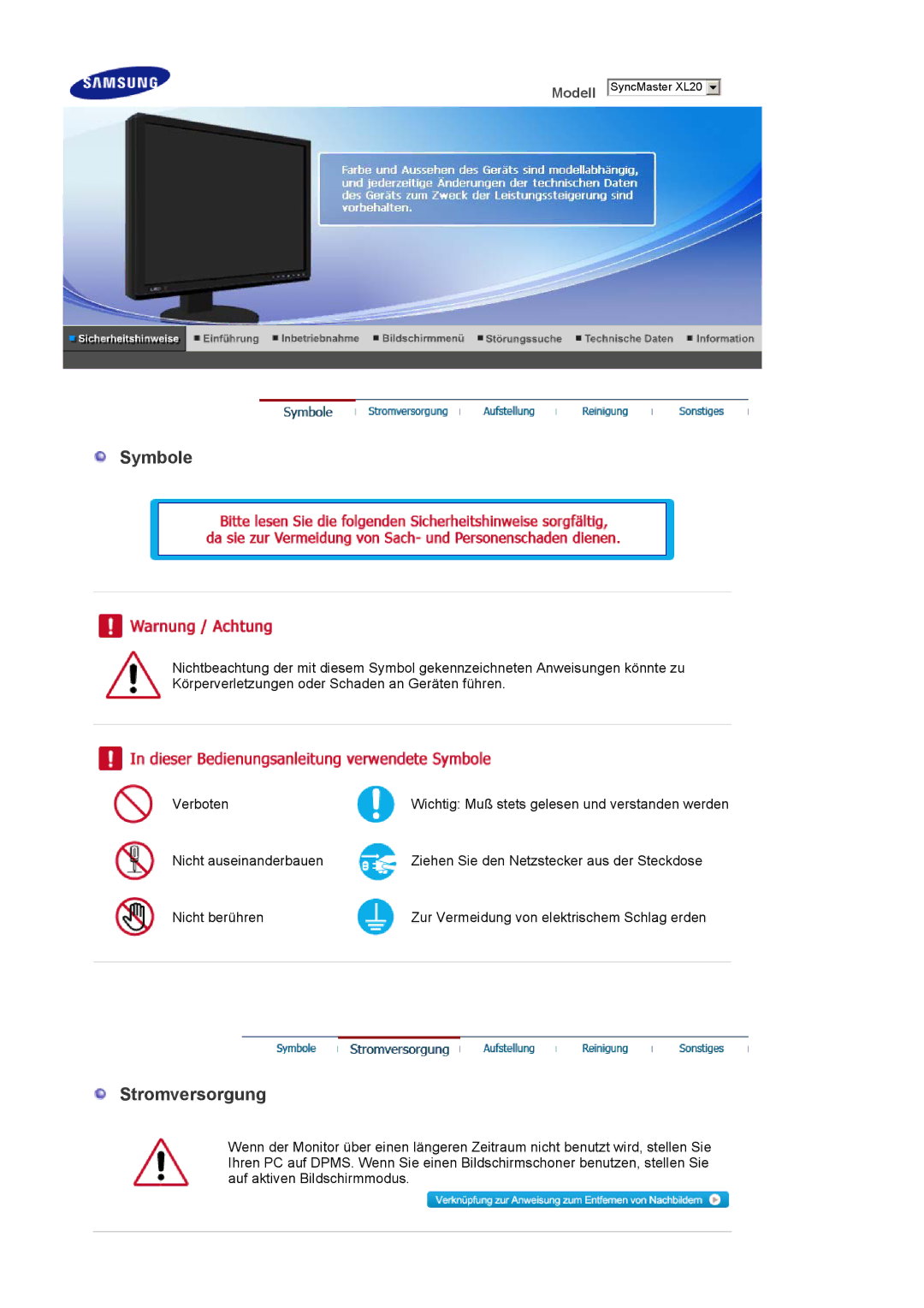 Samsung LS20EDBEB/EDC, LS20EDXEB/EDC manual Symbole, Stromversorgung 