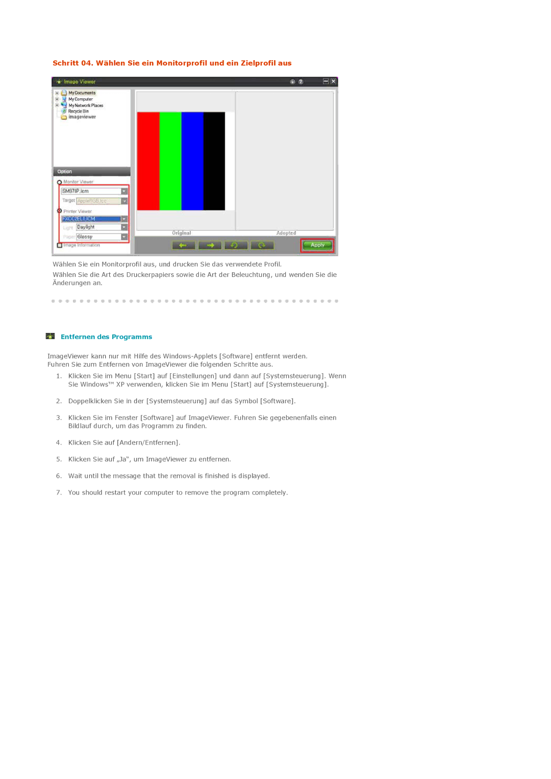 Samsung LS20EDXEB/EDC, LS20EDBEB/EDC manual Entfernen des Programms 