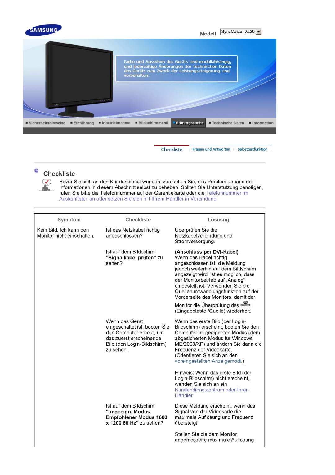 Samsung LS20EDBEB/EDC, LS20EDXEB/EDC manual Symptom Checkliste, Signalkabel prüfen zu, Lösusng 