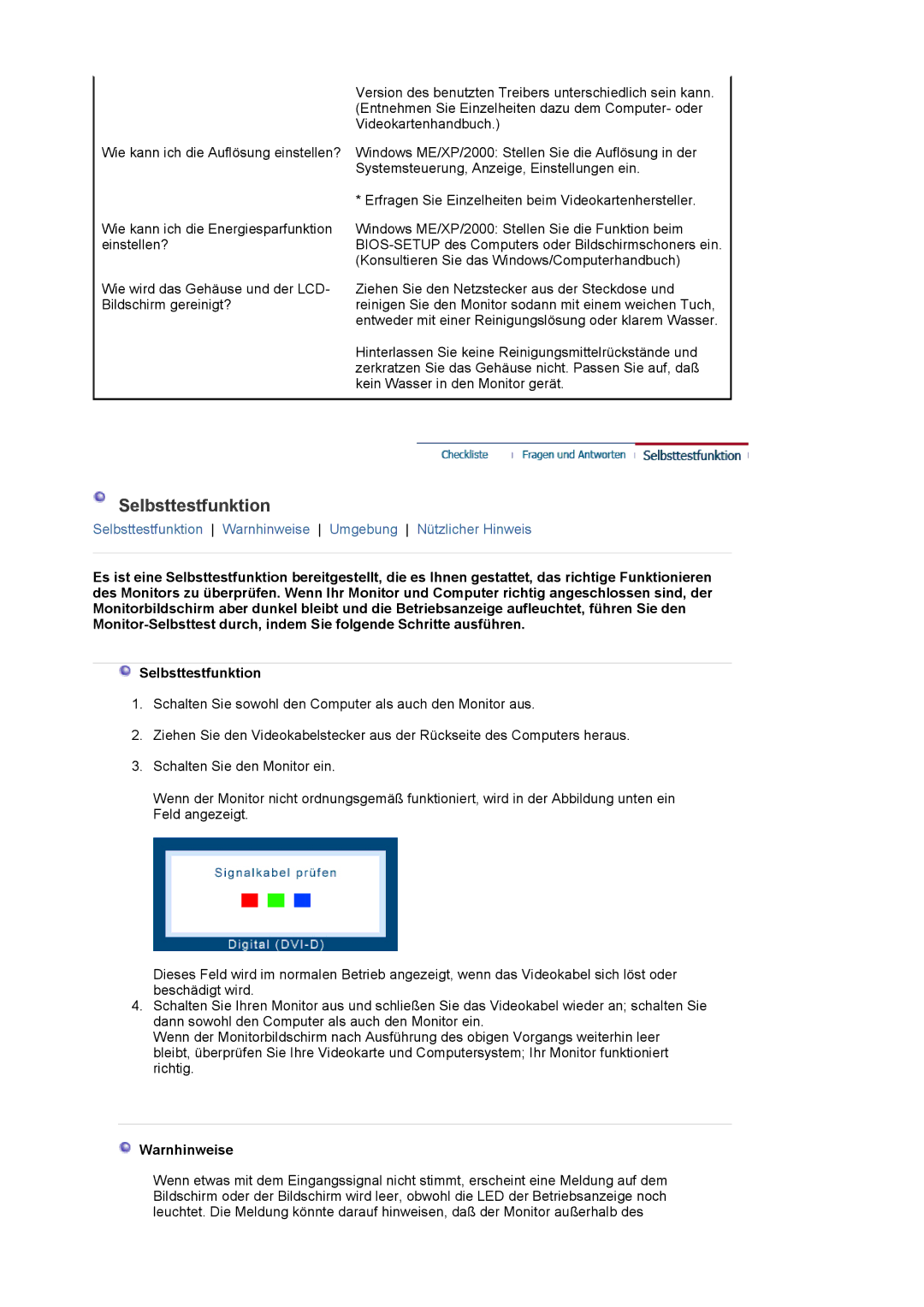 Samsung LS20EDXEB/EDC, LS20EDBEB/EDC manual Selbsttestfunktion, Warnhinweise 