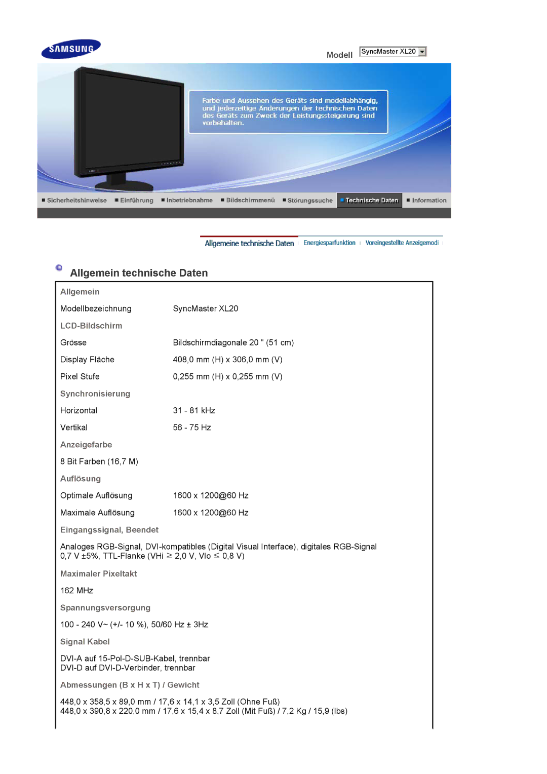 Samsung LS20EDXEB/EDC, LS20EDBEB/EDC manual Allgemein technische Daten 