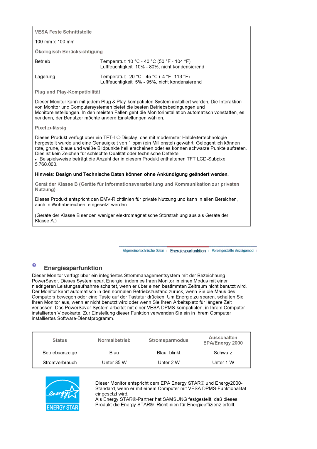 Samsung LS20EDBEB/EDC, LS20EDXEB/EDC manual Energiesparfunktion 