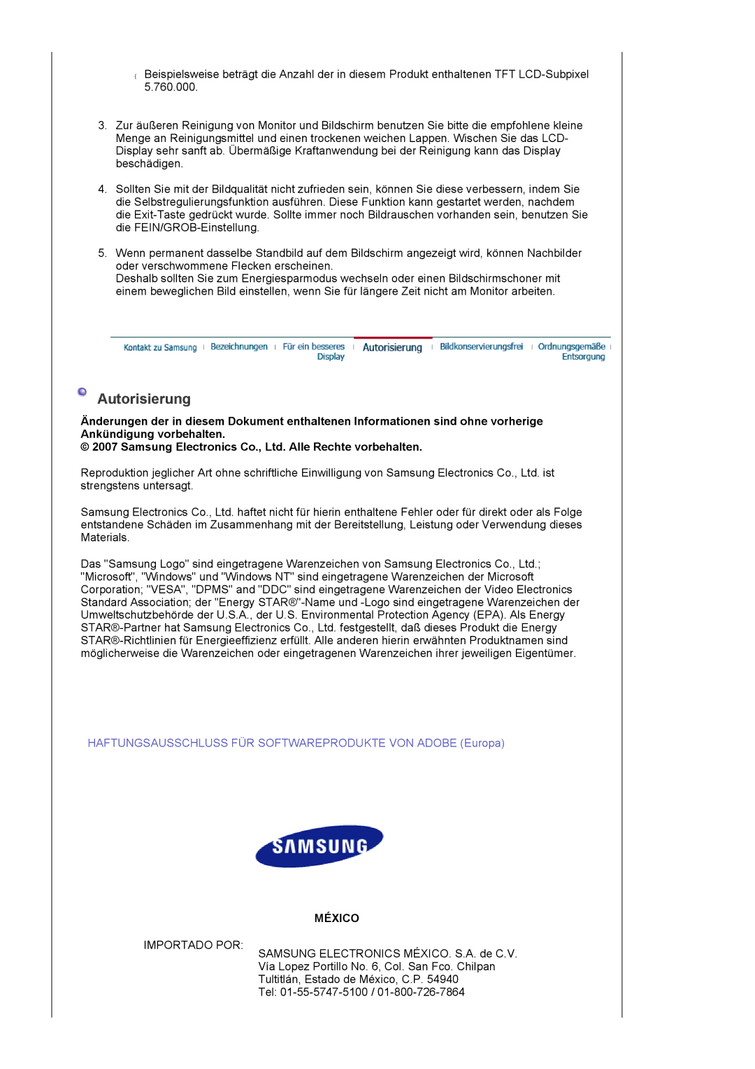 Samsung LS20EDXEB/EDC, LS20EDBEB/EDC manual Autorisierung, México 