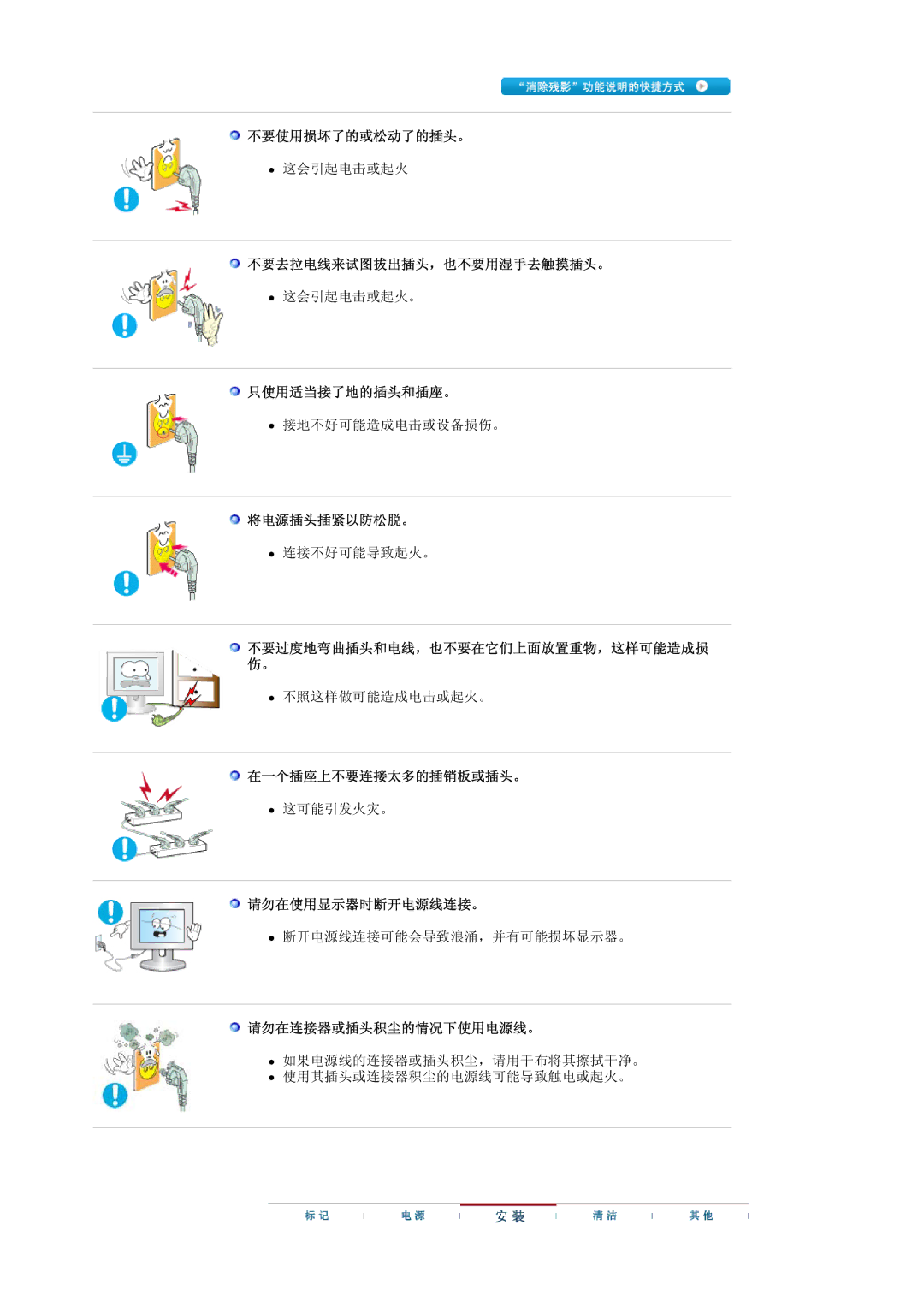 Samsung LS20EDXEB/EDC 不要使用损坏了的或松动了的插头。, 不要去拉电线来试图拔出插头，也不要用湿手去触摸插头。, 只使用适当接了地的插头和插座。, 将电源插头插紧以防松脱。, 在一个插座上不要连接太多的插销板或插头。 