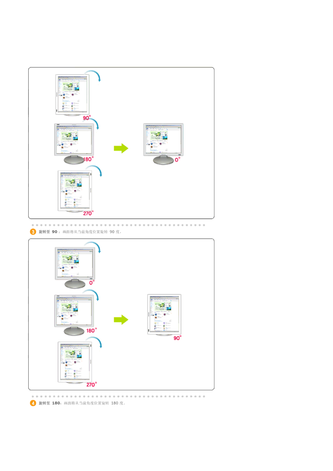 Samsung LS20EDBEB/EDC, LS20EDXEB/EDC manual 旋转至 90 ：画面将从当前角度位置旋转 90 度。 旋转至 180：画面将从当前角度位置旋转 180 度。 