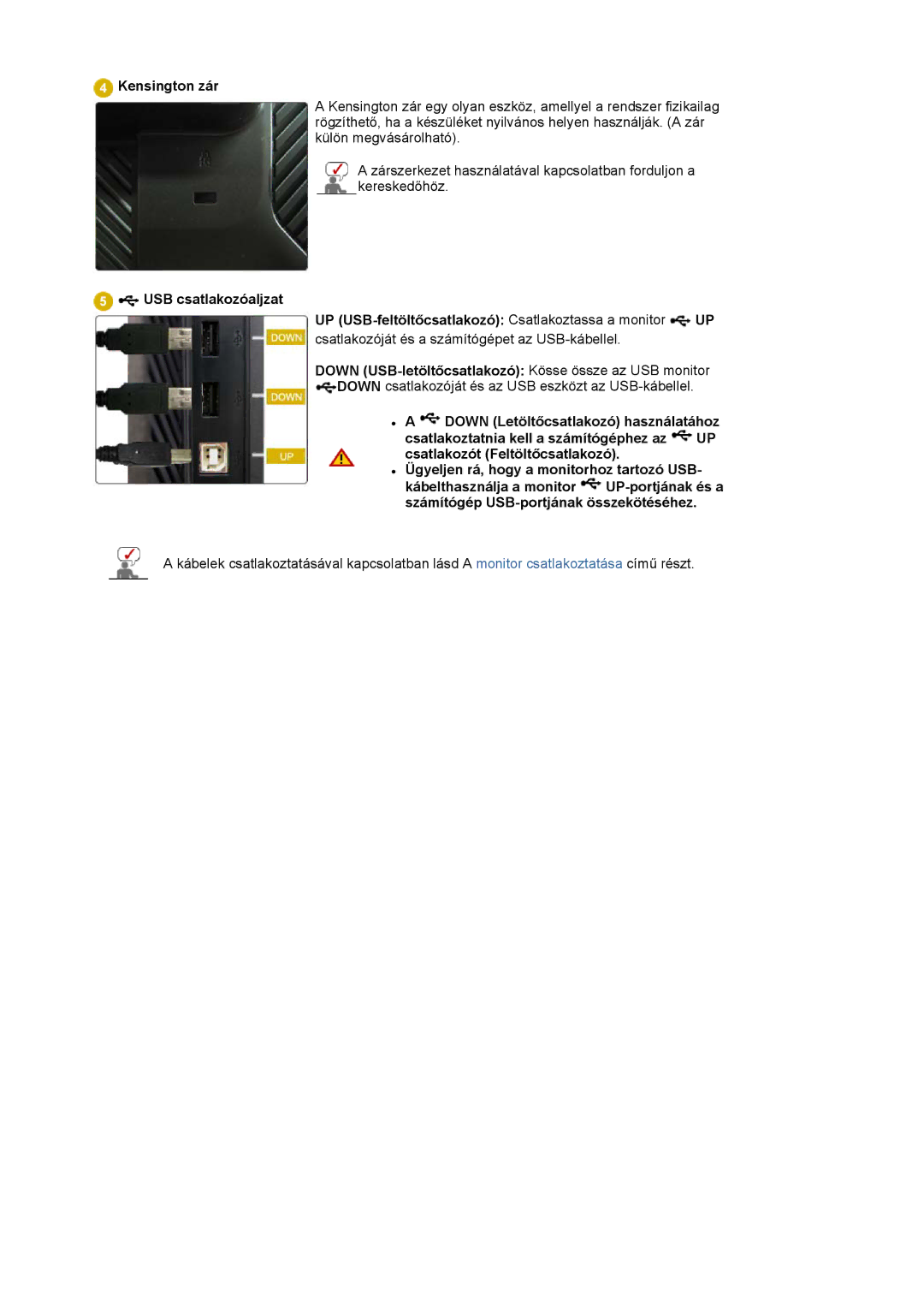 Samsung LS20EDBEB/EDC, LS20EDXEB/EDC manual Kensington zár, Down USB-letöltőcsatlakozó Kösse össze az USB monitor 