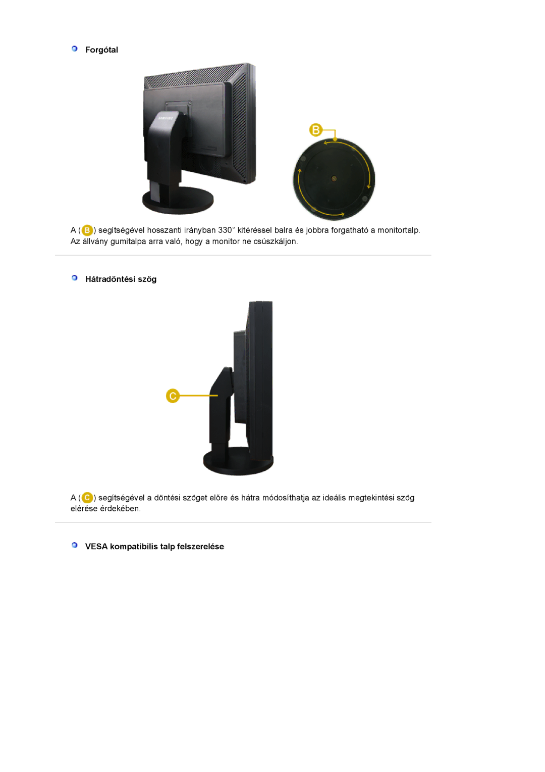 Samsung LS20EDBEB/EDC, LS20EDXEB/EDC manual Forgótal, Hátradöntési szög, Vesa kompatibilis talp felszerelése 