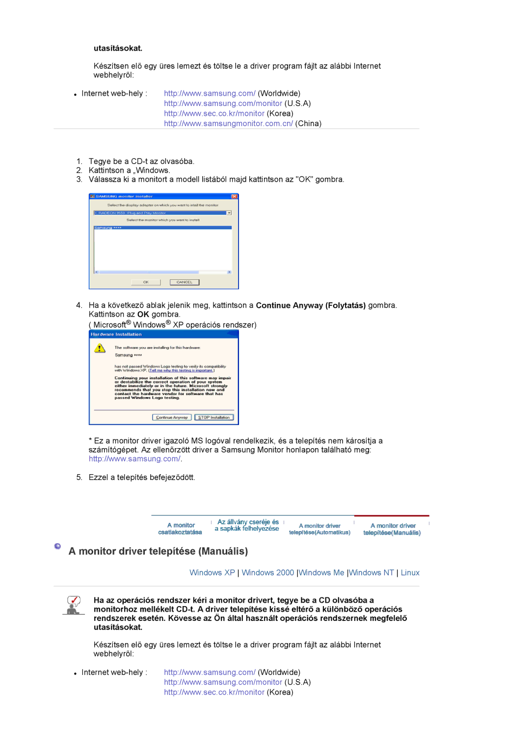 Samsung LS20EDXEB/EDC, LS20EDBEB/EDC manual Monitor driver telepítése Manuális, Utasításokat 