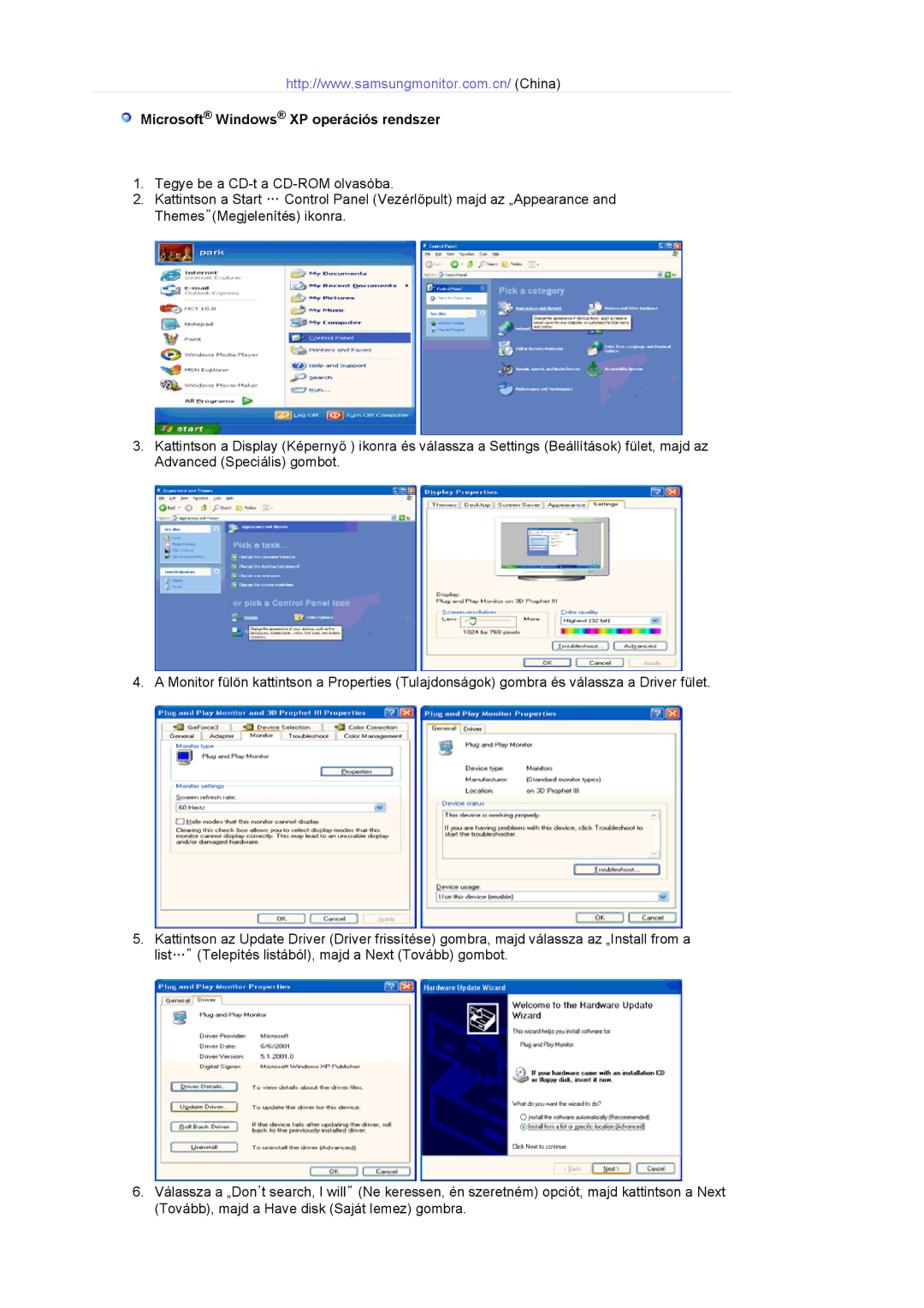 Samsung LS20EDBEB/EDC, LS20EDXEB/EDC manual Microsoft Windows XP operációs rendszer 