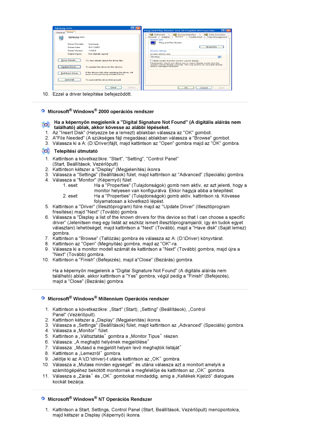 Samsung LS20EDBEB/EDC, LS20EDXEB/EDC manual Telepítési útmutató, Microsoft Windows Millennium Operációs rendszer 