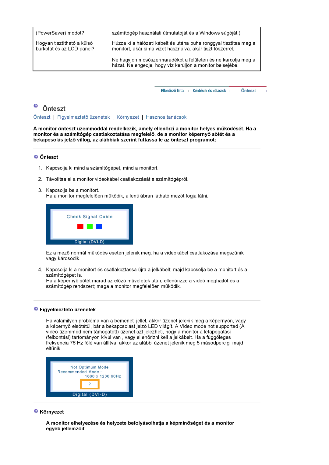 Samsung LS20EDXEB/EDC, LS20EDBEB/EDC manual Önteszt, Figyelmeztető üzenetek 