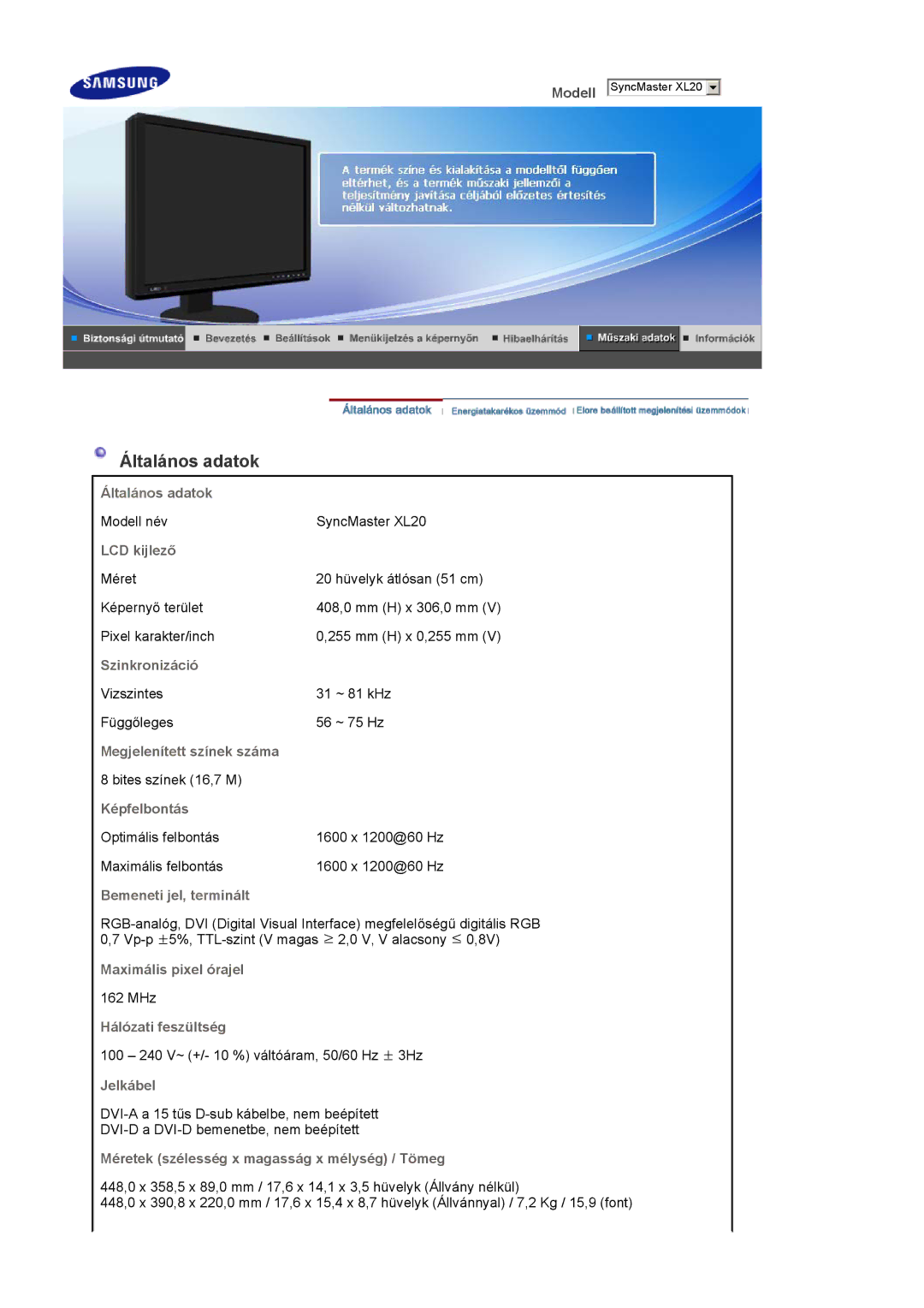 Samsung LS20EDXEB/EDC, LS20EDBEB/EDC manual Általános adatok 