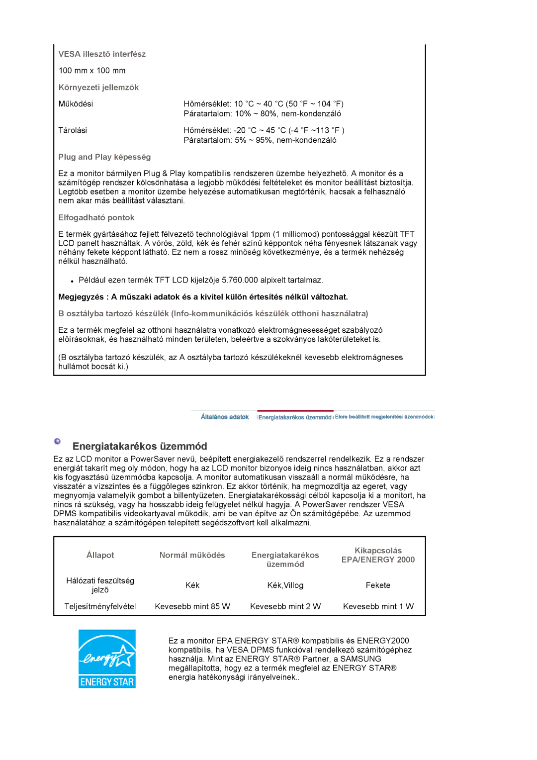 Samsung LS20EDBEB/EDC, LS20EDXEB/EDC manual Energiatakarékos üzemmód 