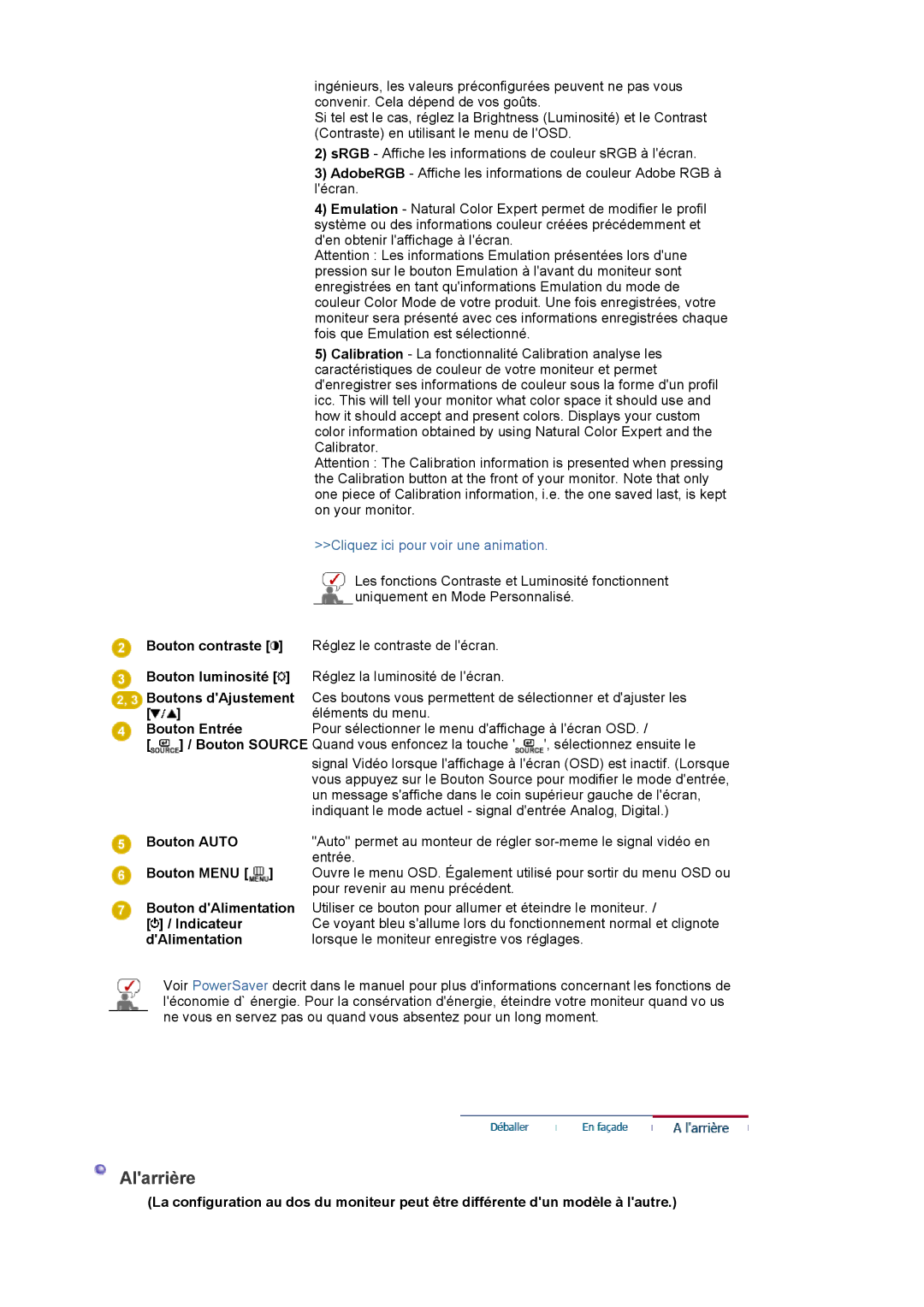 Samsung LS20EDXEB/EDC manual Alarrière 