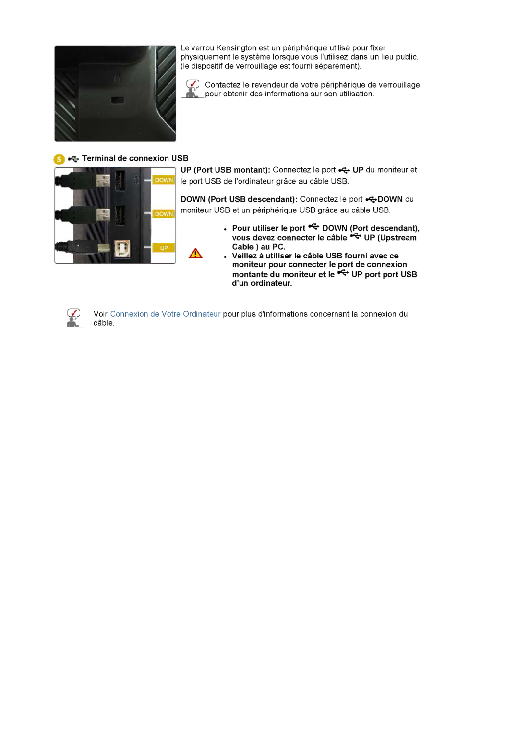 Samsung LS20EDXEB/EDC manual Terminal de connexion USB, Down Port USB descendant Connectez le port Down du 