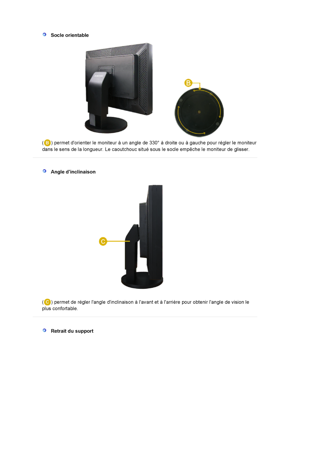 Samsung LS20EDXEB/EDC manual Socle orientable, Angle dinclinaison, Retrait du support 