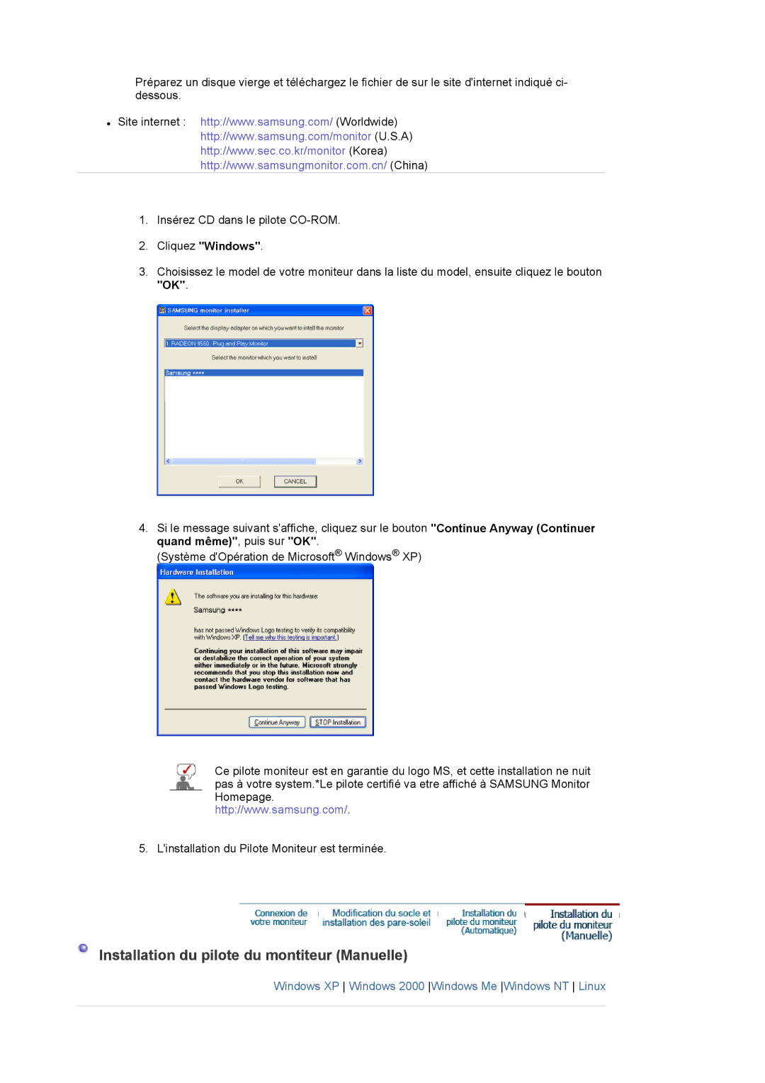 Samsung LS20EDXEB/EDC manual Installation du pilote du montiteur Manuelle 