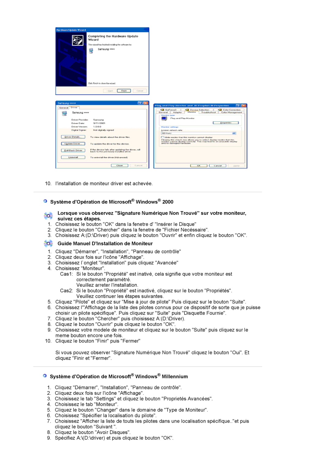 Samsung LS20EDXEB/EDC manual Guide Manuel DInstallation de Moniteur, Système dOpération de Microsoft Windows Millennium 