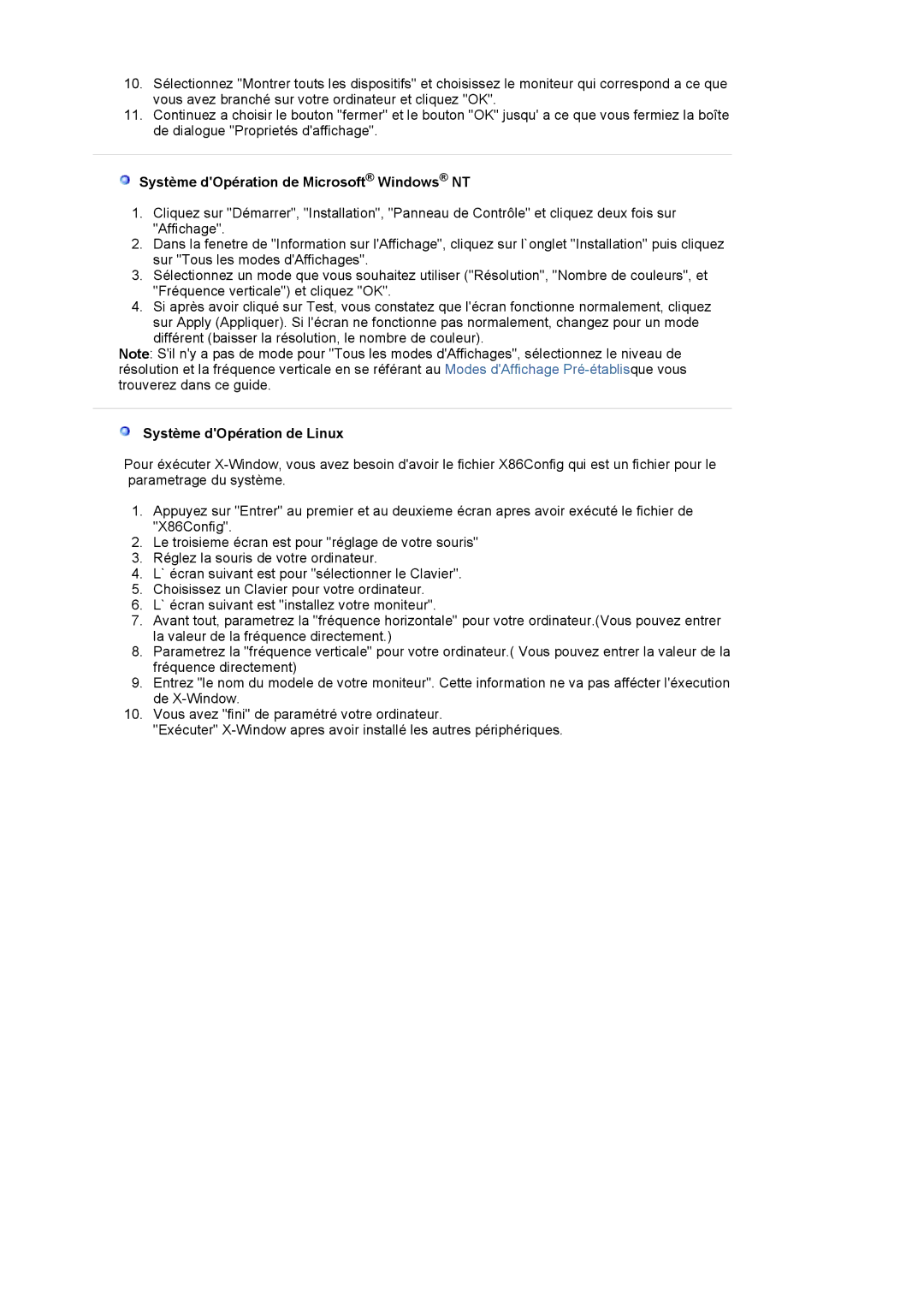 Samsung LS20EDXEB/EDC manual Système dOpération de Microsoft Windows NT, Système dOpération de Linux 