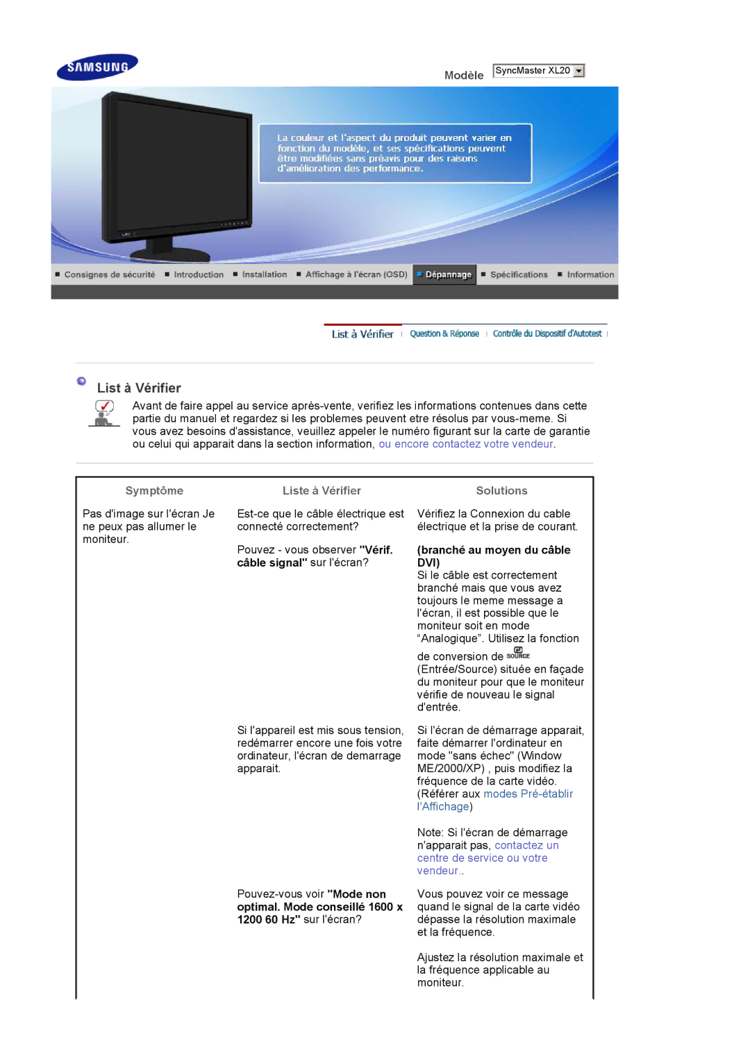 Samsung LS20EDXEB/EDC manual Symptôme, Liste à Vérifier, Solutions, Branché au moyen du câble DVI 